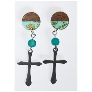 Large Cross Dangle Wood Resin Earrings