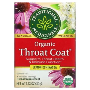 Traditional Medicinals Organic Throat Coat Lemon Echinacea Caffeine Free 16 Wrapped Tea Bags